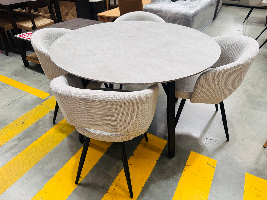 120cm Grey Top Round Dining Table with 4 Beige Fabric Chairs