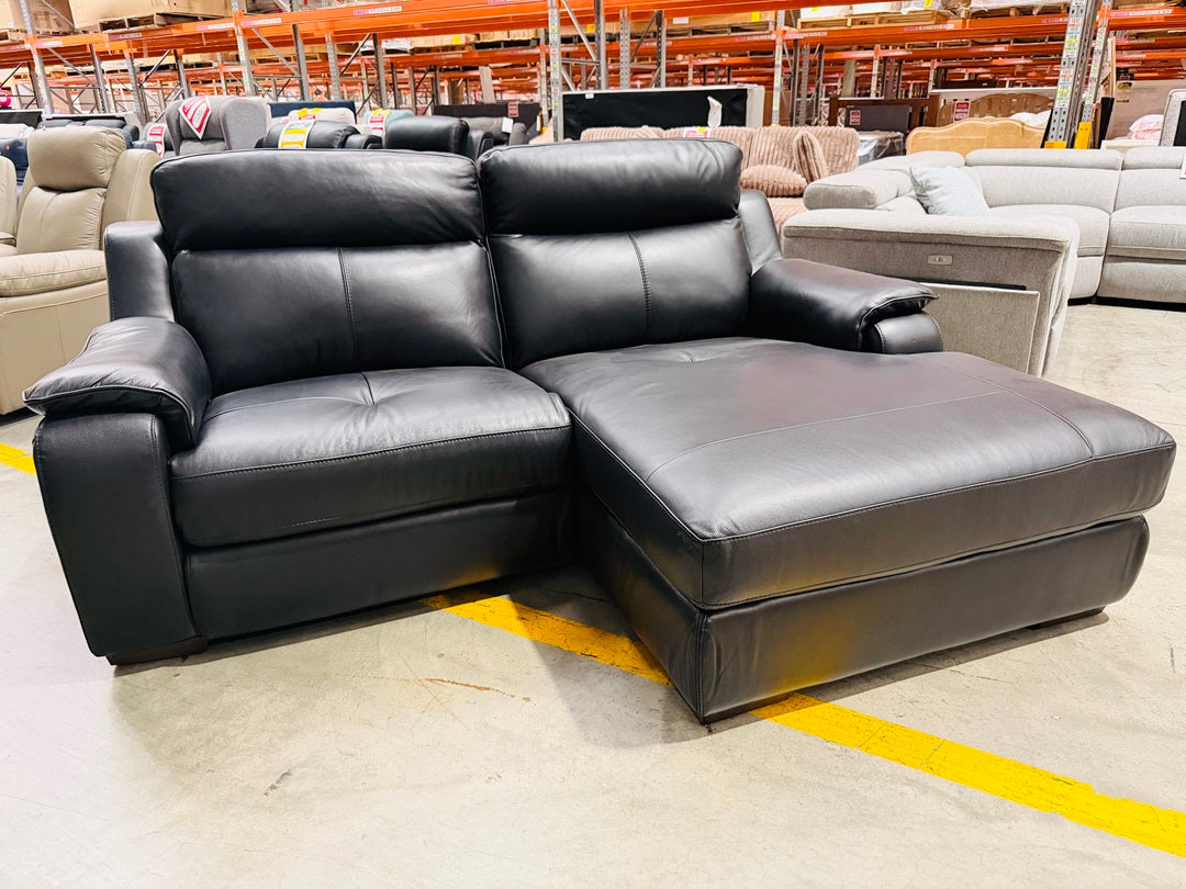 Black Leather 2 Seater Chaise with Electric Recliner, Backrest & Adjustable Headrests