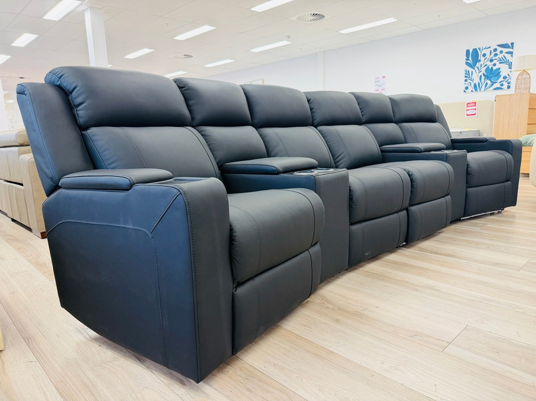 Black Leather Home Theatre with Electric Recliners, Cupholders & Storage