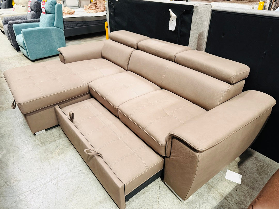 Brown Fabric 2 Seater with Chaise with Pull Out Sofabed and Storage