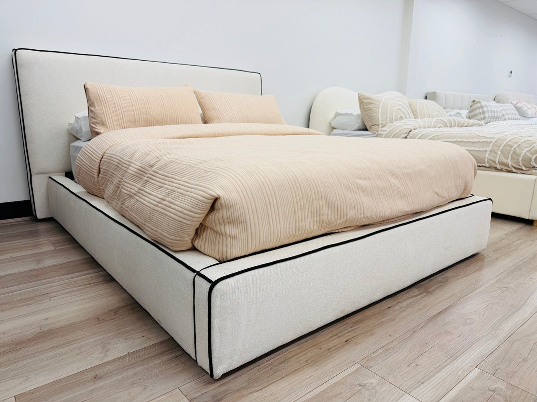 Cream Fabric Queen Bed with Black Trim