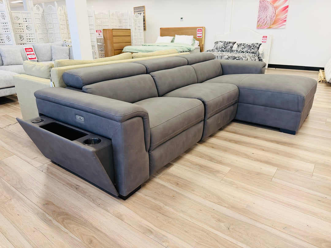 Slate Fabric Chaise Lounge with Electric Recliner, Storage & Cupholders