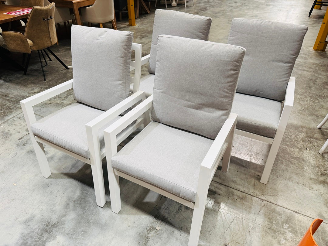 White Outdoor Dining Chairs with Light Grey Fabric Cushions