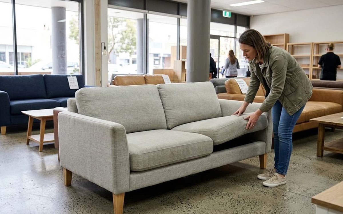 Customer inspecting a second-hand grey fabric couch in a furniture showroom to assess its condition, comfort and quality.