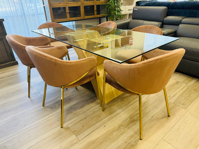 180cm Glass Top Dining Table with Blush Pink Fabric Chairs