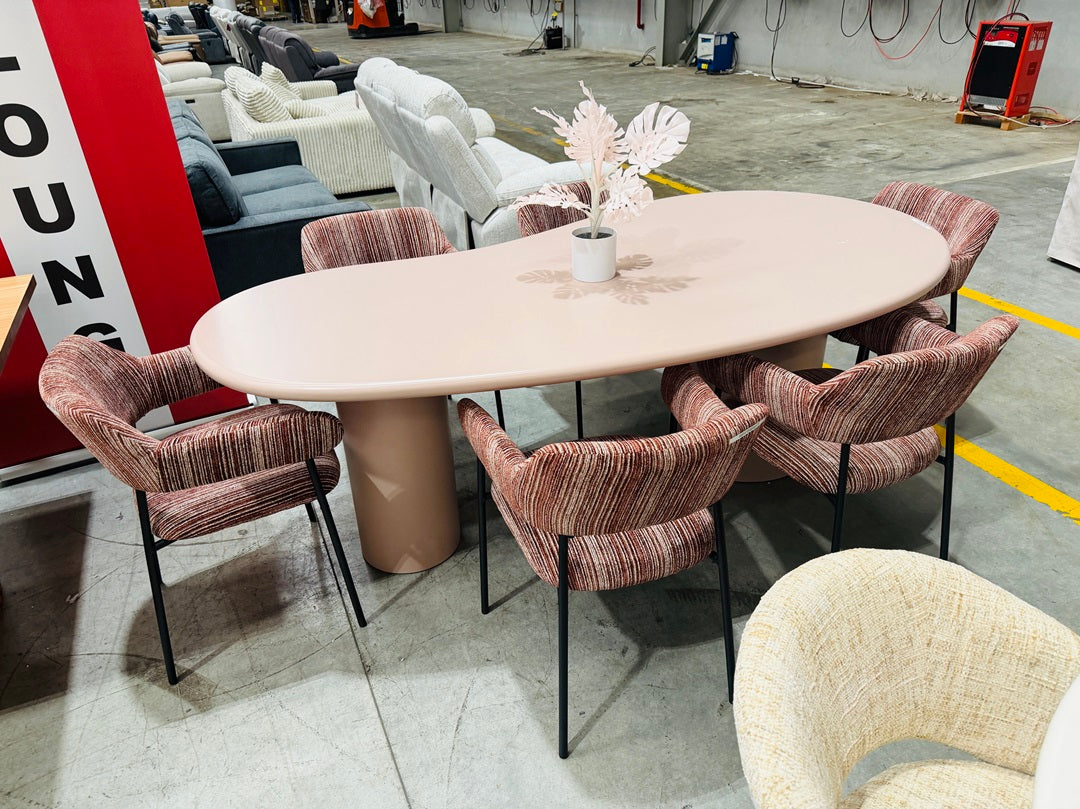 220cm Curved Dining Table with 6 Striped Maroon Chairs