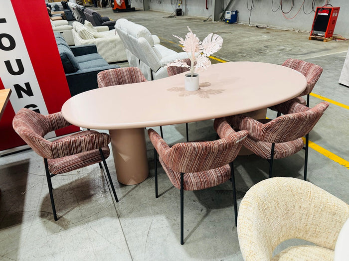 220cm Curved Dining Table with 6 Striped Maroon Chairs