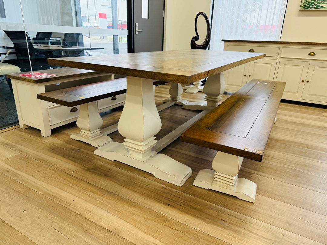 3pc Walnut Timber Bench Set with White Pedestal Base