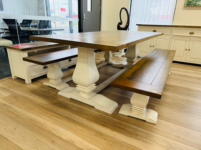 3pc Walnut Timber Bench Set with White Pedestal Base