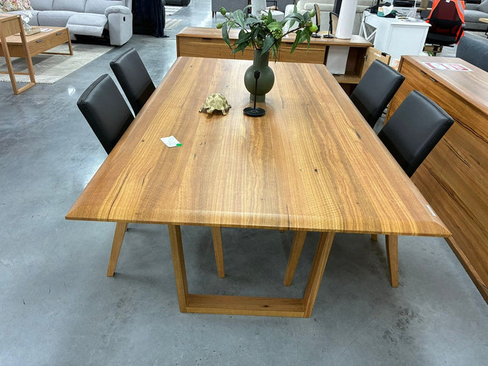 5 Piece Dining Set – Natural Dining Table with Black Leather Chairs
