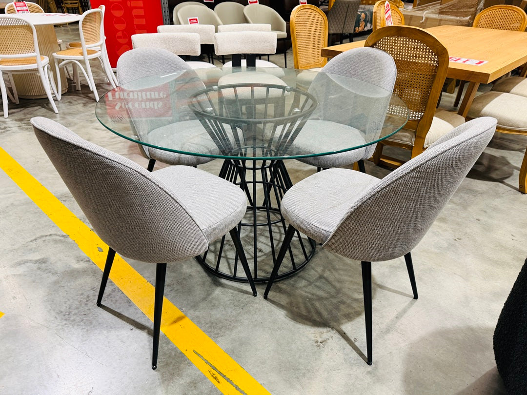 5pc Round Dining Setting with Glass Table & Grey Fabric Chairs