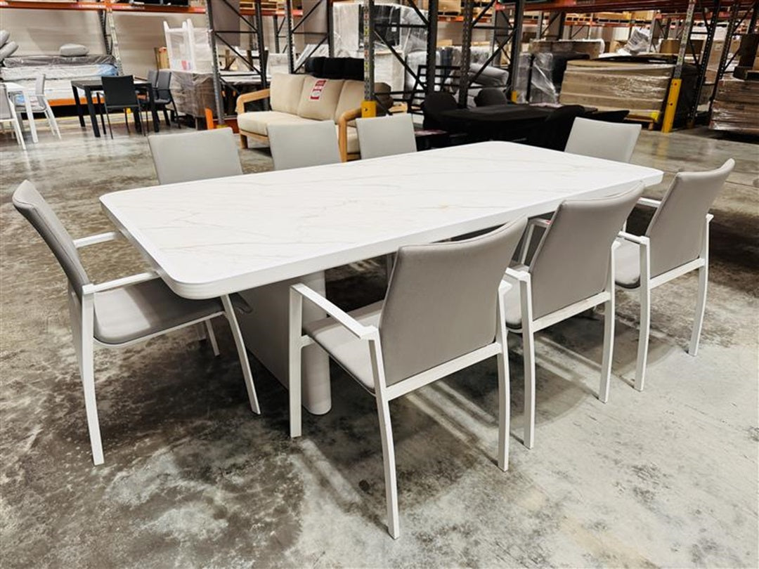 9pc Outdoor Dining Set with Marble Look Table Top