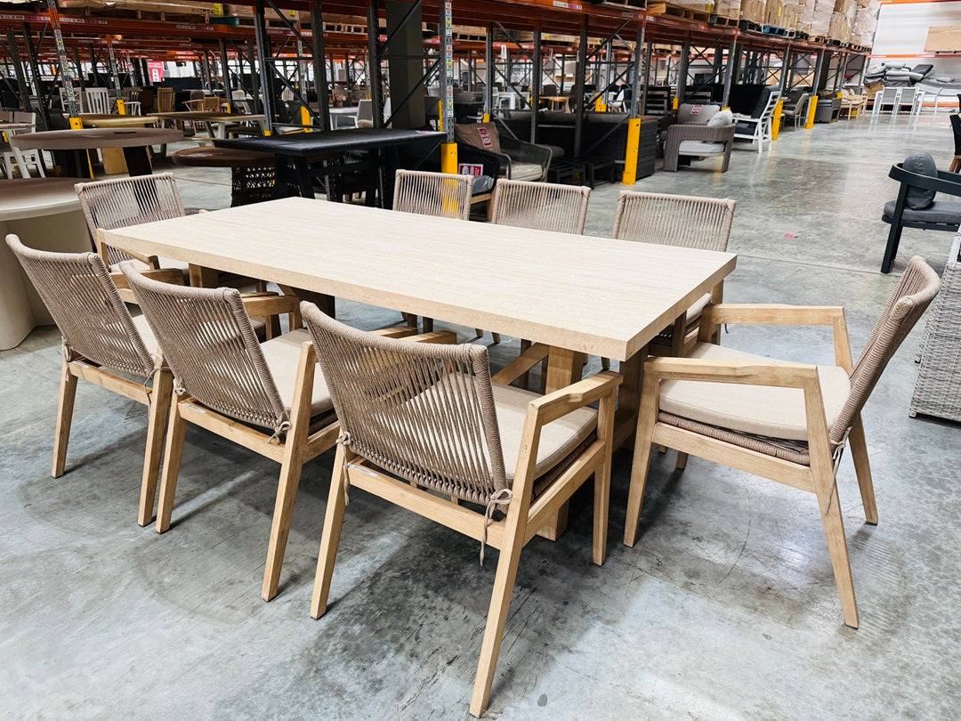 9pc Sand Outdoor Dining Setting with Rope Chairs