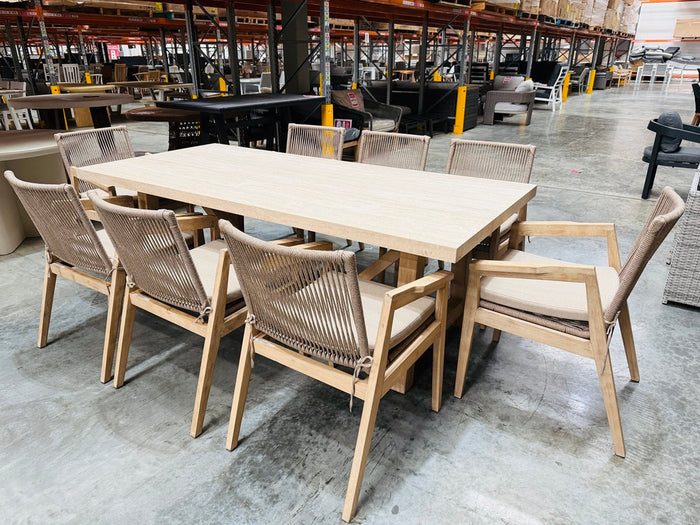 9pc Sand Outdoor Dining Setting with Rope Chairs