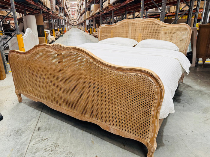 Antique Natural Timber King Bed with Rattan & Carved Floral Design