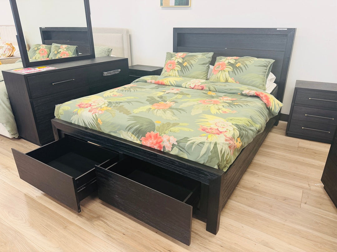 Black Timber Bookend Queen Bed with USB & Storage Drawers