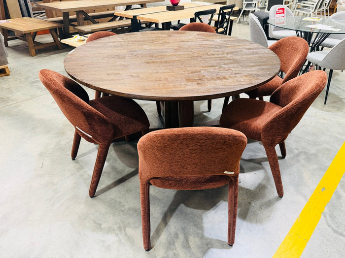 Chocolate Brown Round Dining Table with 6 Maroon Fabric Chairs