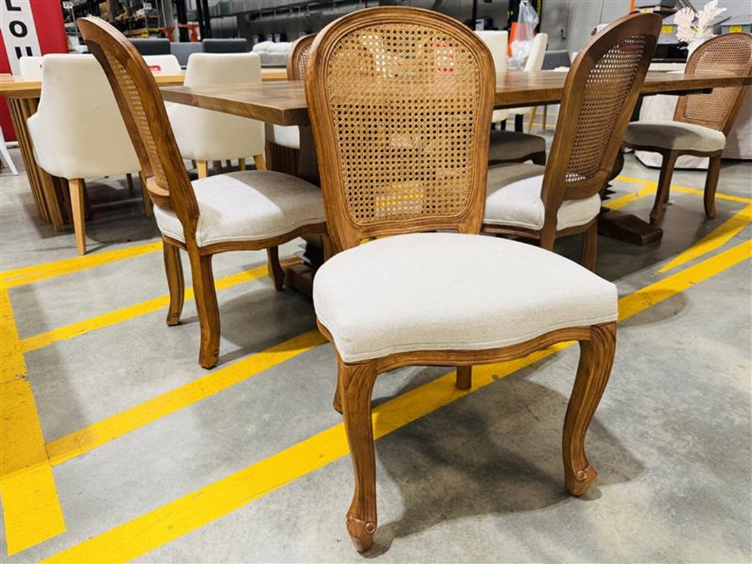 Curved Back Timber & Rattan Dining Chairs with Beige Fabric Seats