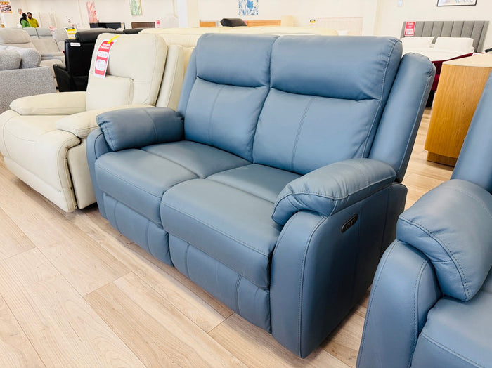 Dark Blue Leather 2 Seater with Electric Recliners