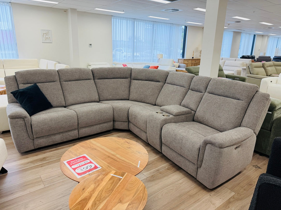 Grey Fabric Electric Corner Lounge with Cupholders & Storage