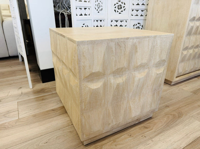 Greyish Cream Timber Carved Side Table