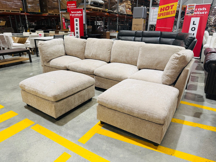 Latte Fabric 4 Seater Sofa with 2 Movable Ottomans