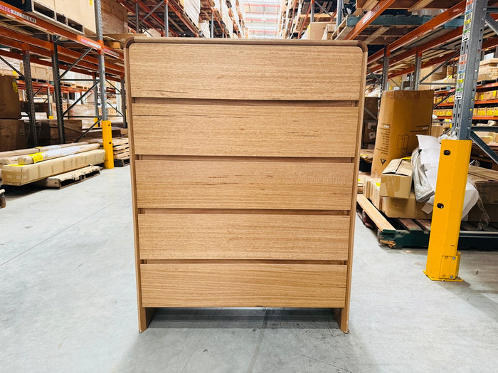 Light Smoke Timber 5 Drawer Curved Tallboy