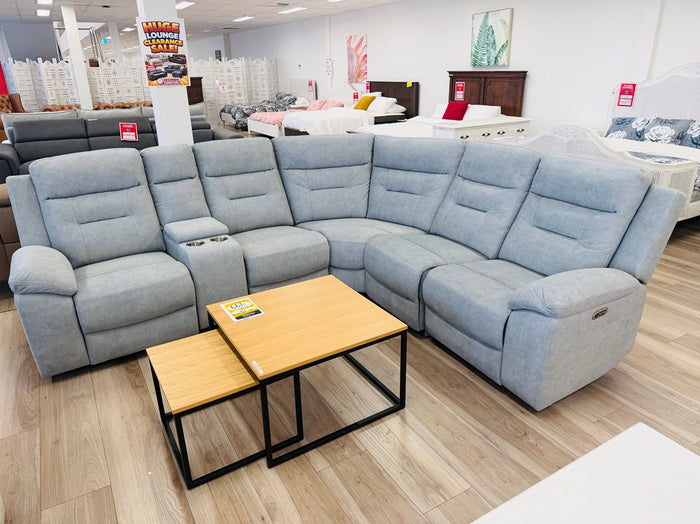 Mist Blue Fabric Electric Corner Sofa with Cupholders & Storage