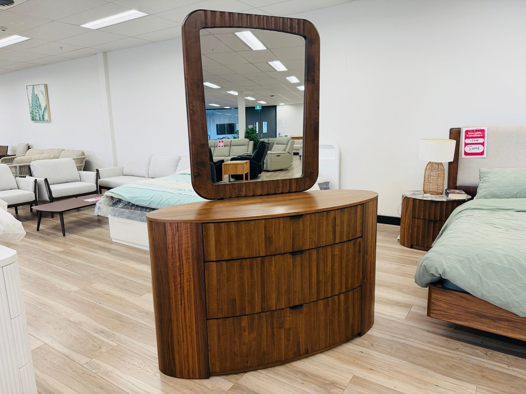 Mocca Timber 3 Drawer Curved Dresser with Mirror