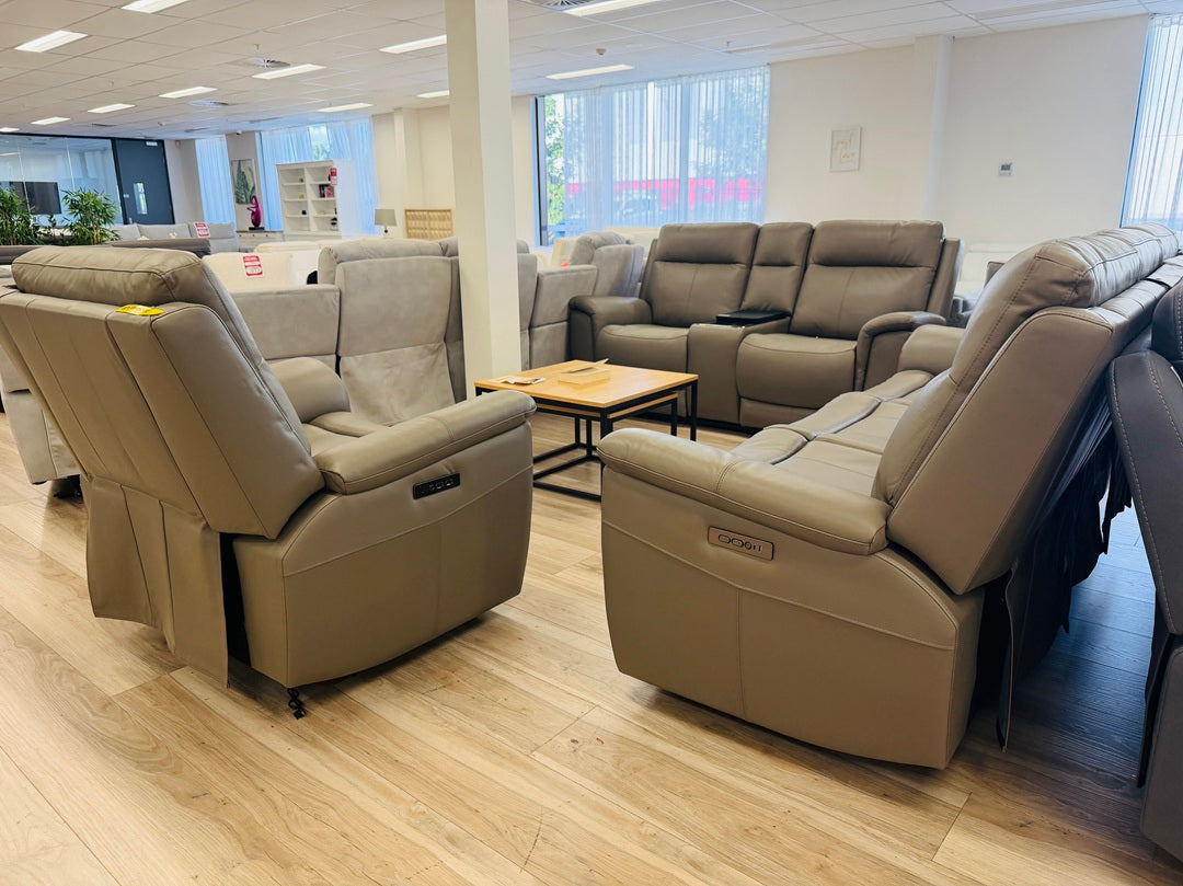 Mocha Grey Leather Electric Recliner Setting with Built in Fridge