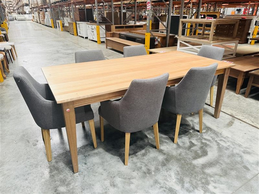 Natural Timber Dining Table with 6 Grey Fabric Chairs
