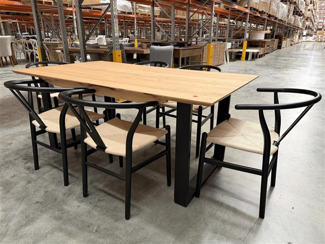 Natural Timber Top Dining Table with 6 Wishbone Chairs Setting