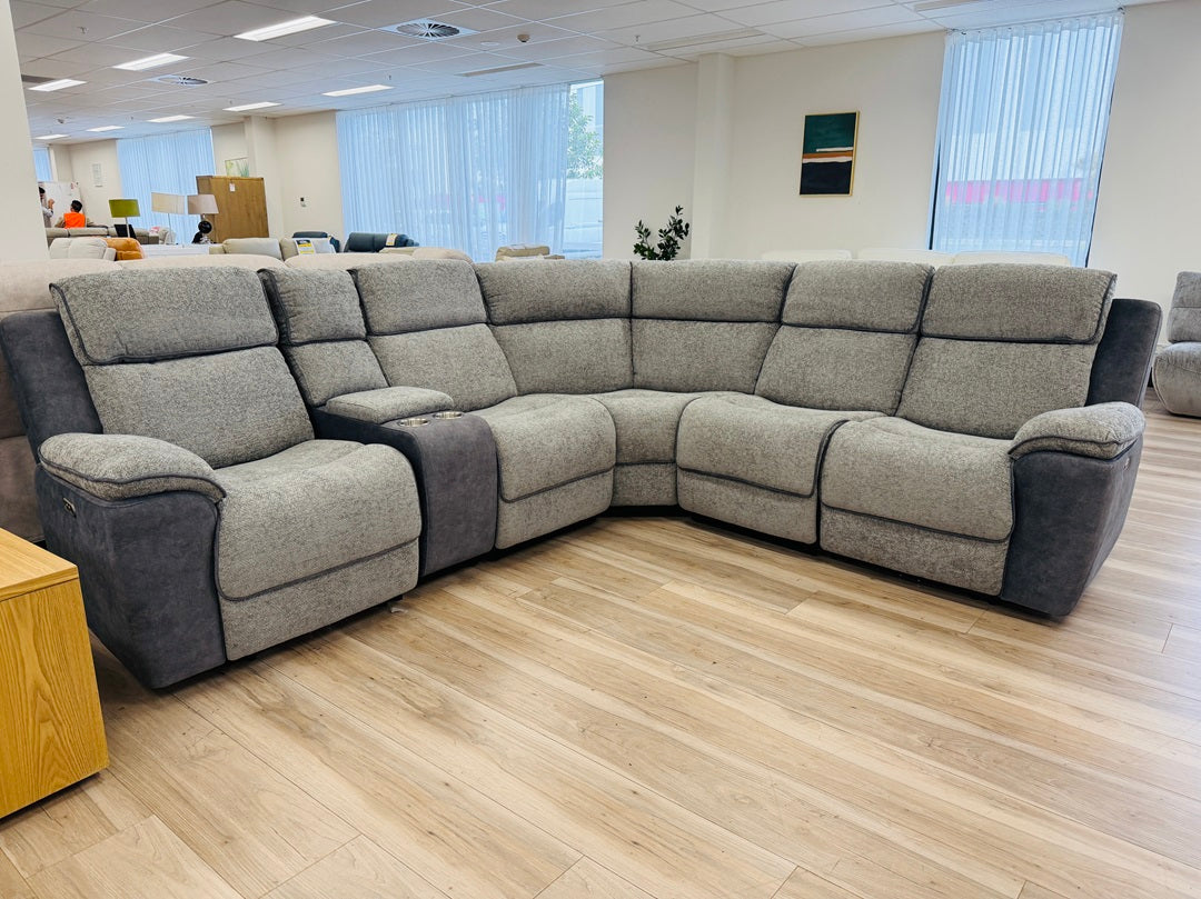 Stone Grey Fabric Corner Modular with Electric Recliners, USB & Storage