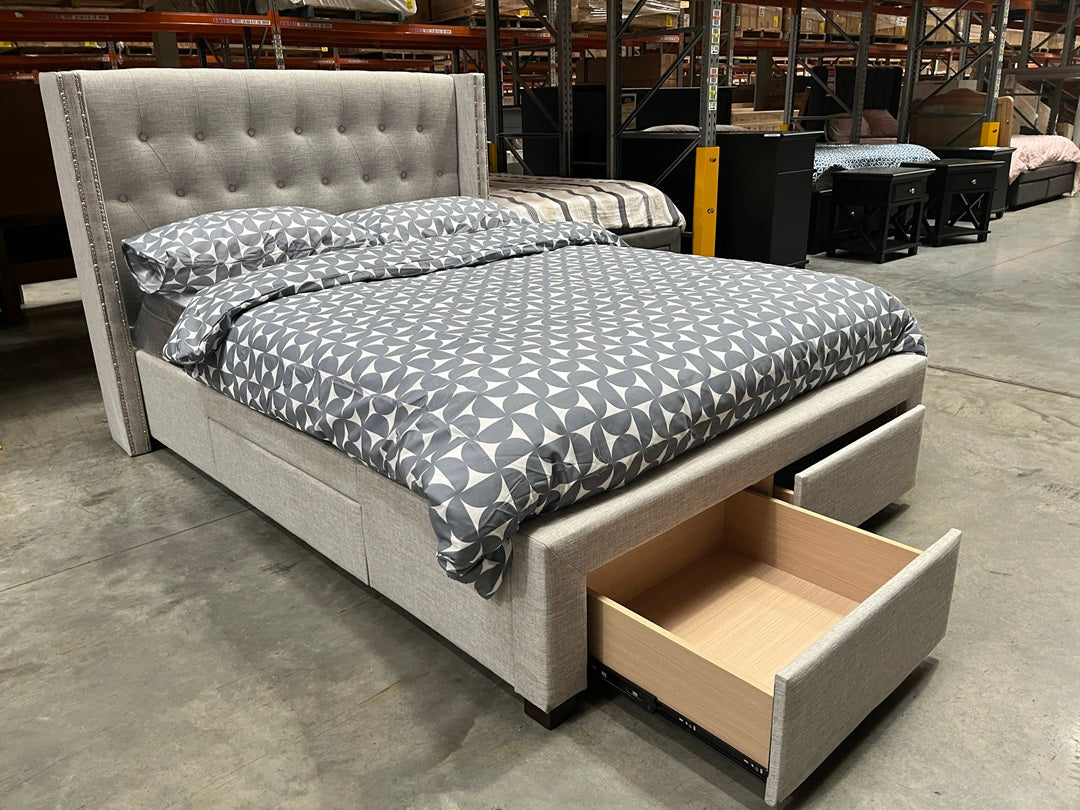 Stone Grey Fabric Double Bed with Drawers