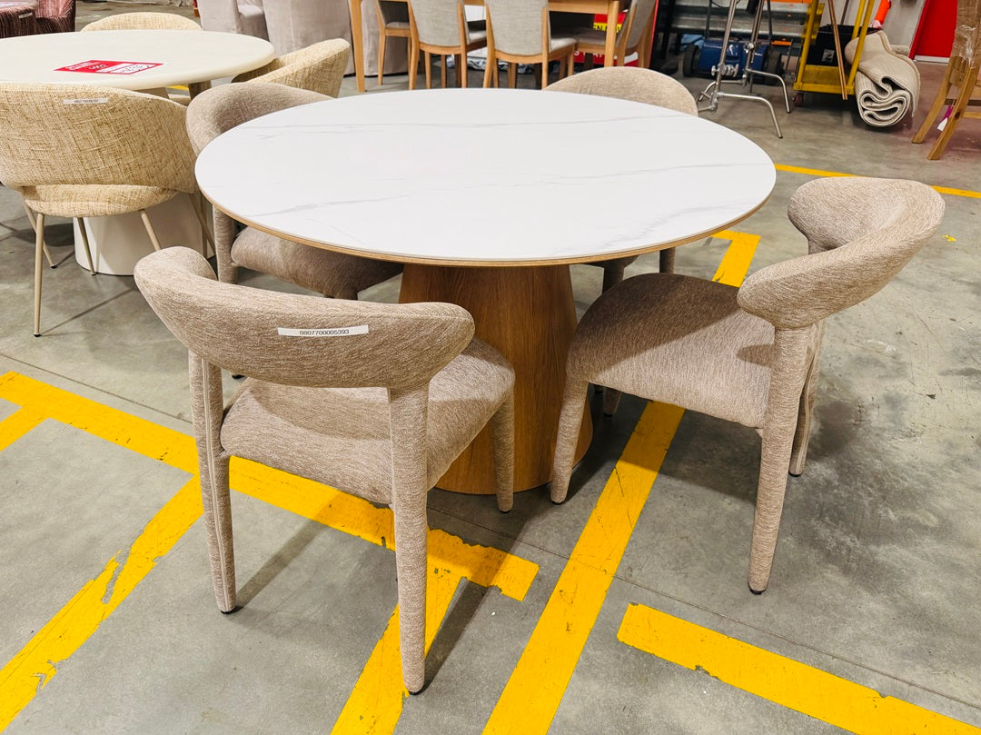Stone Top Round Dining Table with 4 Taupe Fabric Chairs