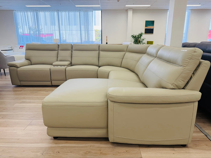 Taupe Leather Corner Chaise Lounge with Electric Recliner, CupHolders & Storage