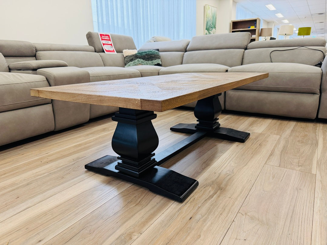 Walnut Timber Coffee Table with Black Pedestal Legs