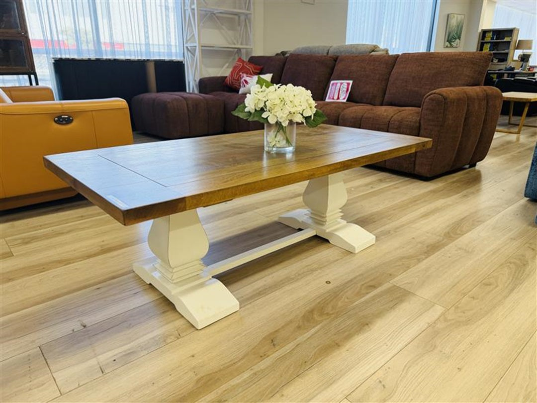 Walnut Timber Coffee Table with White Pedestal Legs
