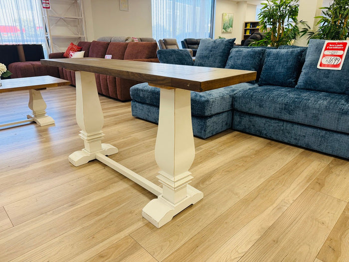 Walnut Timber Hall Table with White Pedestal Legs