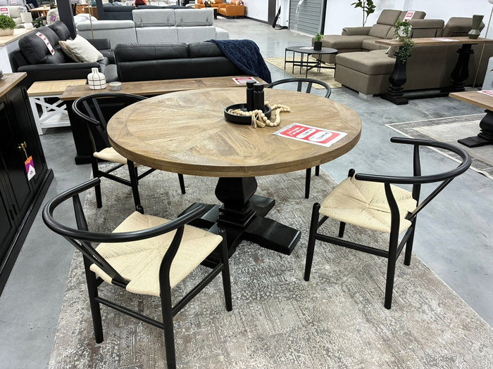 5pc Dining Setting with OAK/Black Timber Table & 4 Black Chairs
