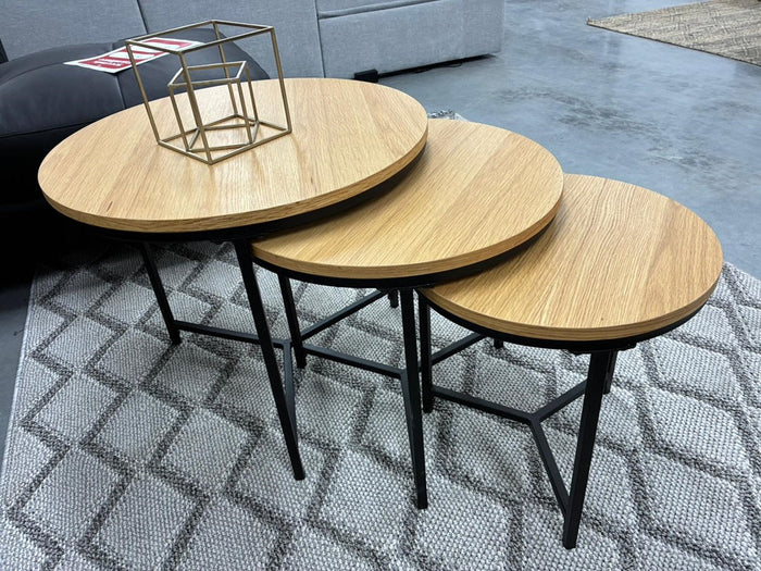3Pc Round Coffee Table Set – Oak Top with Black Legs