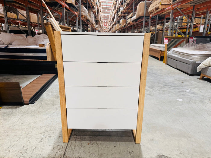 White 4 Drawer Kids Tallboy with Natural Trim