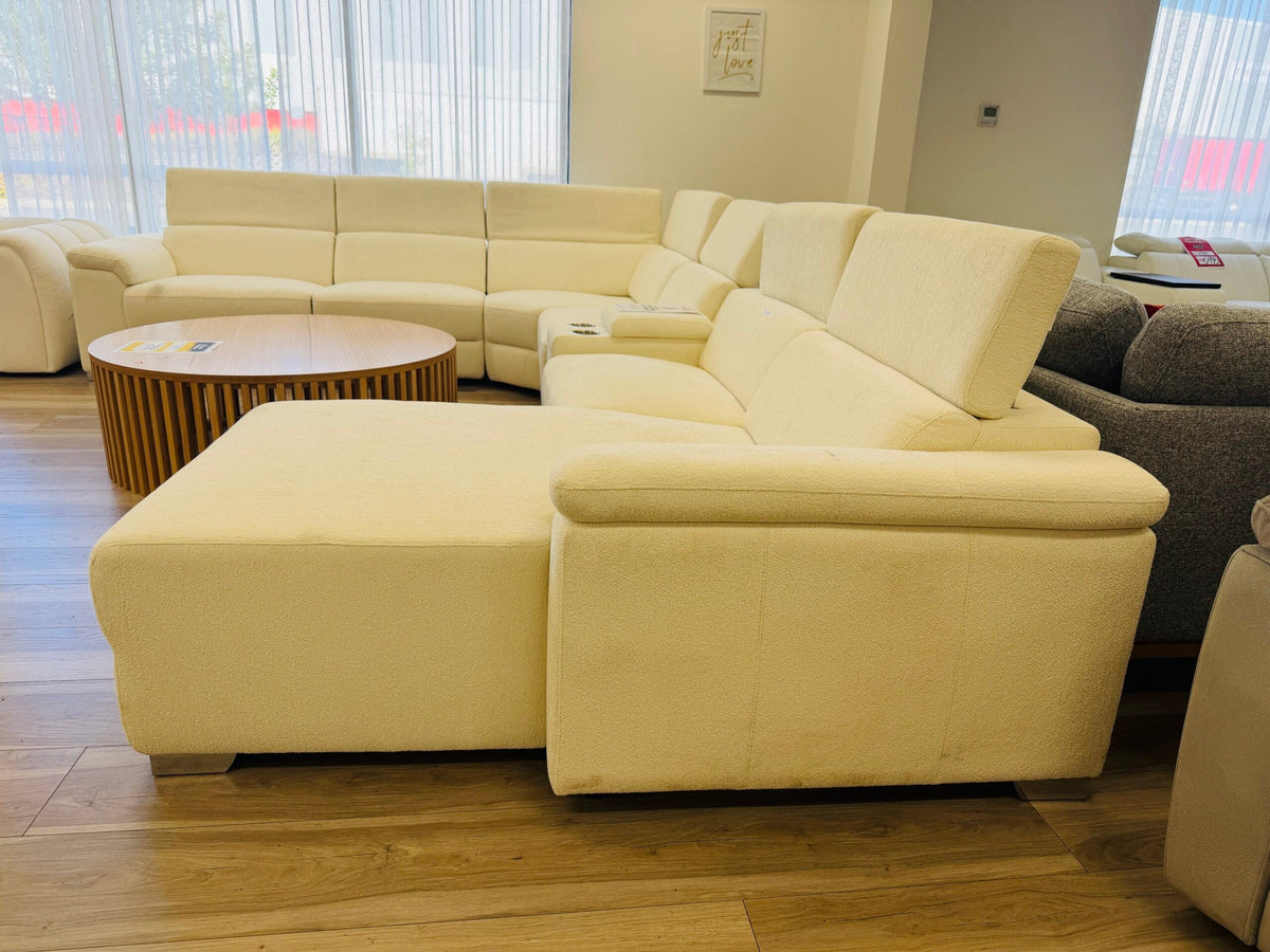 White Fabric Corner Chaise Modular with Electric Recliner, Cupholders & Storage Console