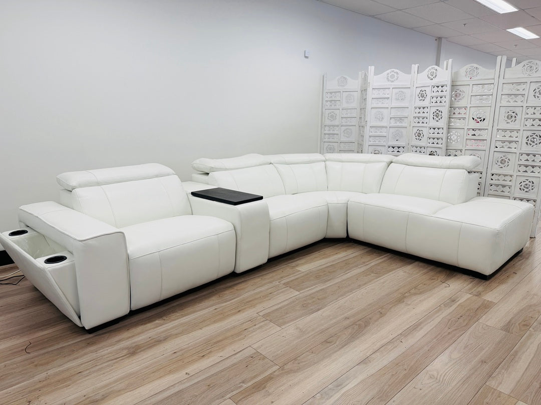 White Leather Corner Lounge with Electric Recliners, Headrests and Built In Speakers in Headrests