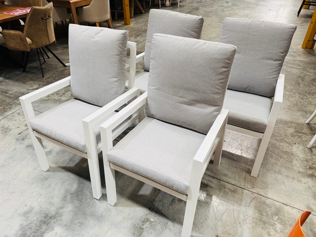 White Outdoor Dining Chairs with Light Grey Fabric Cushions