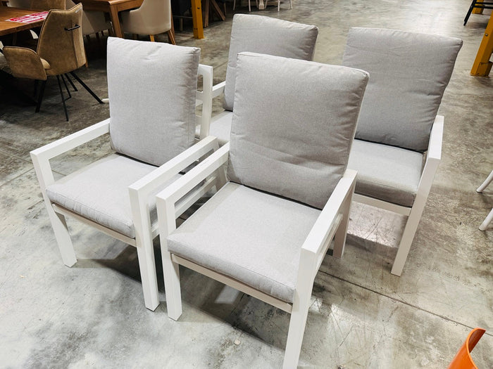 White Outdoor Dining Chairs with Light Grey Fabric Cushions