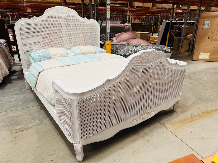 White Timber & Rattan Queen Bed with Carved Floral Design