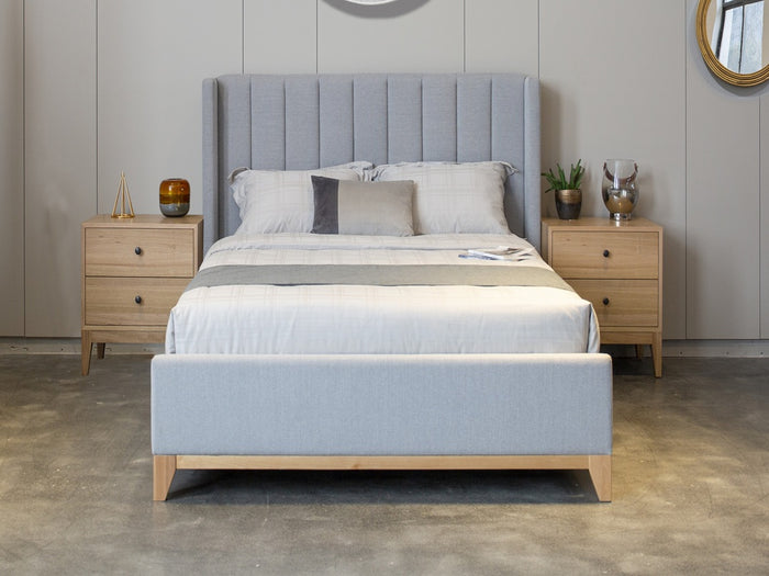 Light Grey Fabric Queen Bed with Vertical Stitch Patterned Headboard