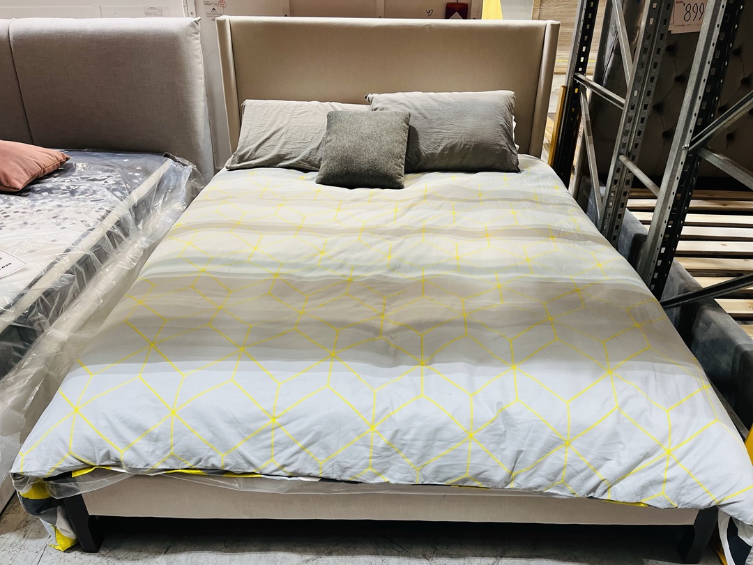 Beige Fabric Queen Bed & Mattress