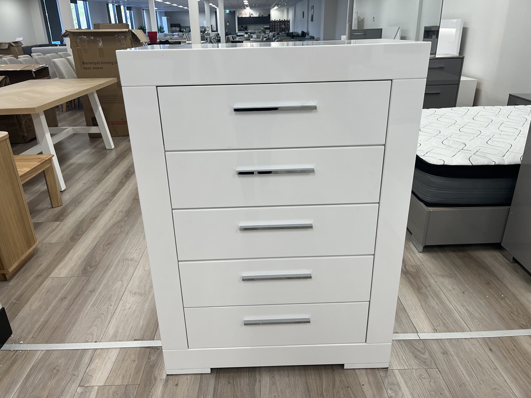 Gloss White 5 Drawer Tallboy with Silver Handles - Seconds Furniture